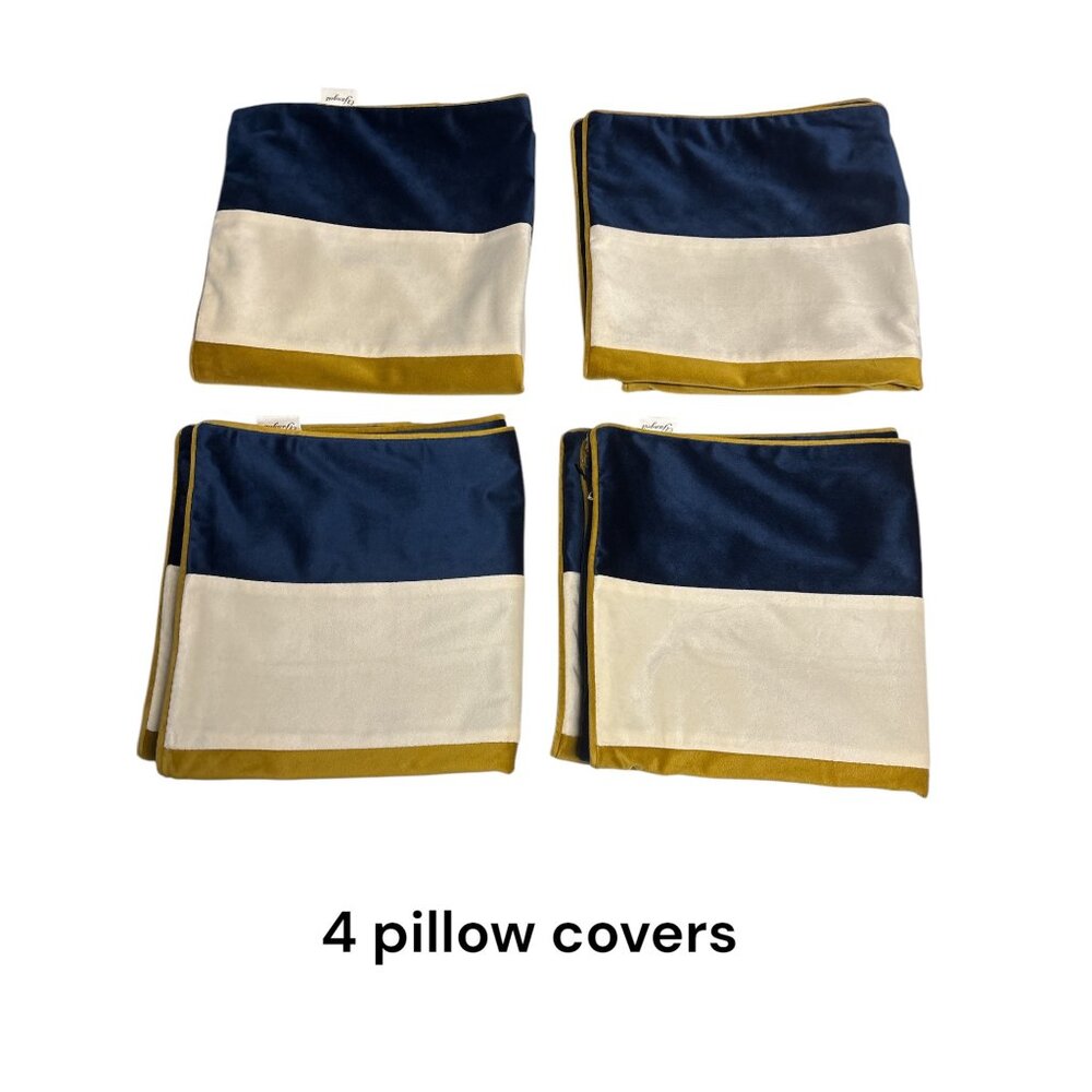 Set Of 4 Yangest Pillow Covers Navy Blue/Gold/White Stripes